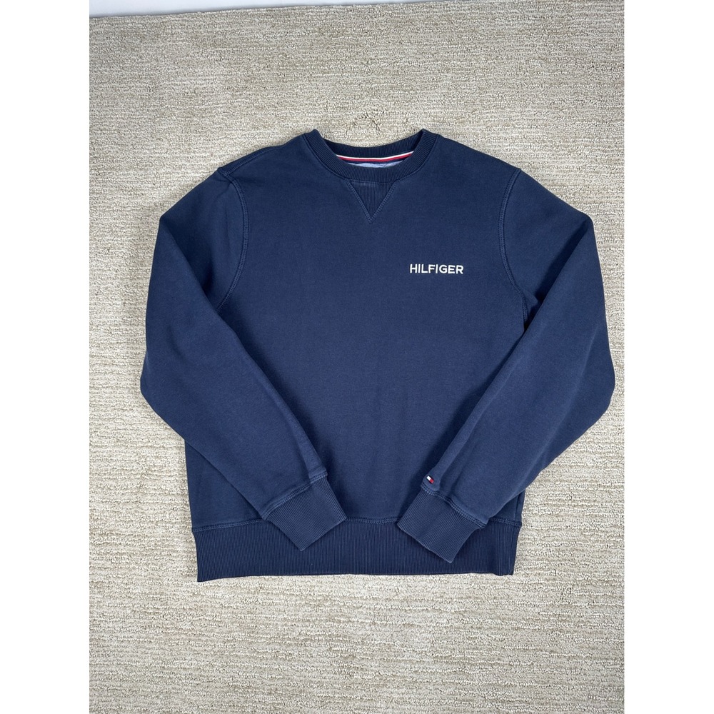 Tommy Hilfiger Mens Navy Blue Fleece Crewneck Sweatshirt Embroidered Logo Small
